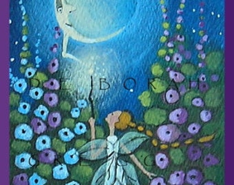 Moon Power, a tiny  aceo Fairy Garden PRINT by Deborah Gregg