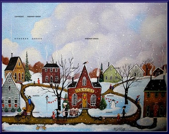 A Baker's Heart, a Small Love Valentines Bakery Folk Art Village Snow Winter Print by Deborah Gregg