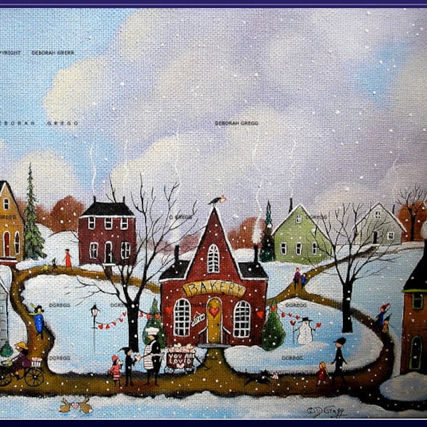 A Baker's Heart, a Small Love Valentines Bakery Folk Art Village Snow Winter Print by Deborah Gregg