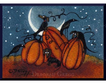 Pumpkin Treasure, a tiny Dachshund Crow Pumpkin Autumn PRINT by Deborah Gregg