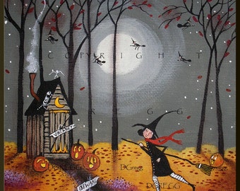 Cute Witch Wall Art PRINT, Witch Painting, Cottagecore Witch, Small Halloween Outhouse Decor, Pit Stop by Deborah Gregg