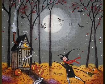 Pit Stop, a small Halloween Outhouse Witch Jack o Lanterns PRINT by Deborah Gregg