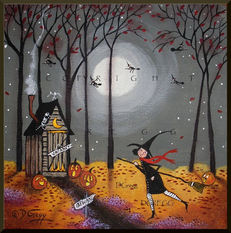 Pit Stop, a small Halloween Outhouse Witch Jack o Lanterns PRINT by Deborah Gregg image 1