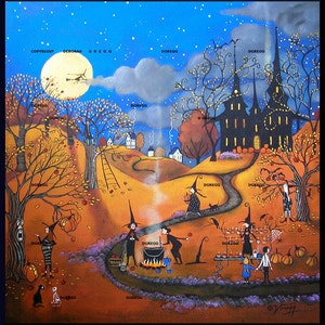 The Best Caramel Apples In Town, a small Halloween Witches Jack O Lanterns PRINT by Deborah Gregg