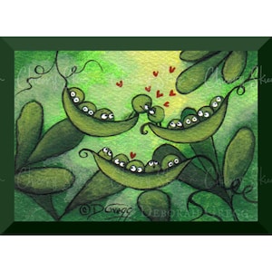 Love Sprouts Among The Pea Pods, a tiny aceo Spring Peas Love Valentine&#39;s Day Soulmates Folk Art PRINT by Deborah Gregg