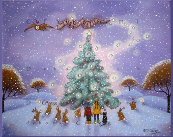Farmhouse Winter Wonderland Christmas Folk Art PRINT, Cottagecore Snowy Scene by Deborah Gregg