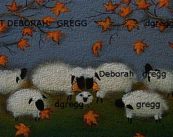 Leaf Collectors, a small Puffy Sheep Autumn Leaves PRINT by Deborah Gregg