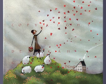 Where She Goes Love Follows, a small Hearts Love Sheep Valentine Saltbox Print by Deborah Gregg