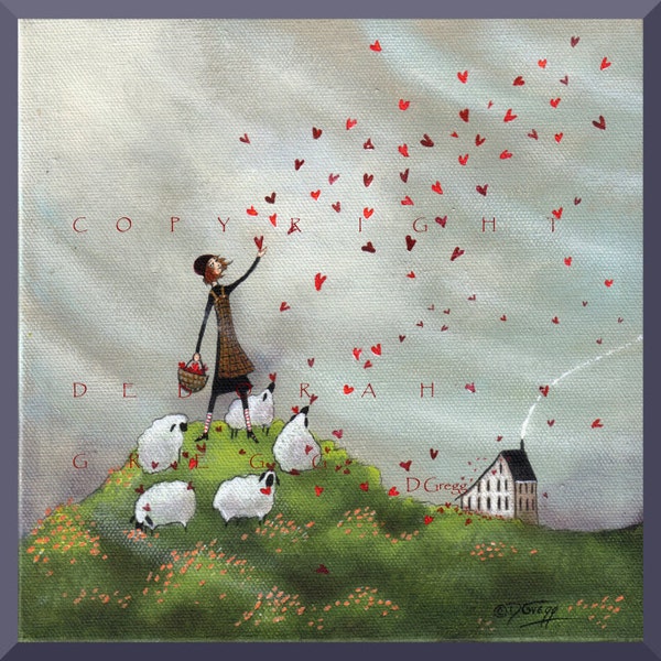 Where She Goes Love Follows, a small Hearts Love Sheep Valentine Saltbox Print by Deborah Gregg