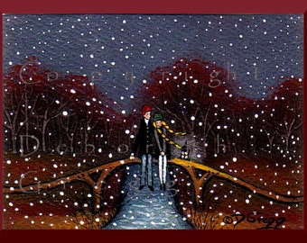 Meet Me On The Bridge, a tiny Love Valentine Anniversary Couple Yellow Braids Snow Fall PRINT by Deborah Gregg