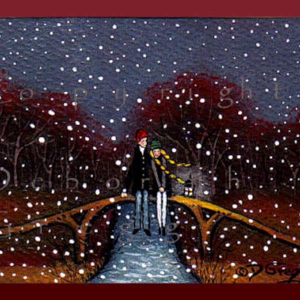 Meet Me On The Bridge, a tiny Love Valentine Anniversary Couple Yellow Braids Snow Fall PRINT by Deborah Gregg
