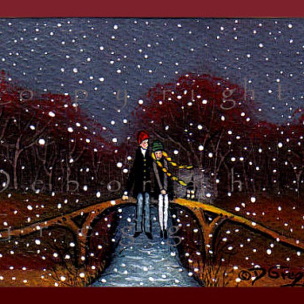 Meet Me On The Bridge, un pequeño love Valentine Anniversary Pareja Amarillo trenzas Nieve Caída PRINT por Deborah Gregg