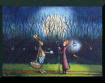 Easter Eve Encounter, a tiny Easter Rabbit Eggs Moon Spring Print by Deborah Gregg