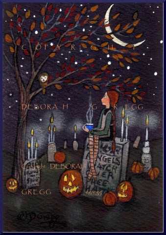 Visiting With The Ancestors, a tiny Graveyard Candles Owl Halloween P…