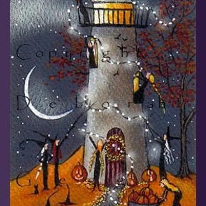 Definitely Needs Some Work, a tiny Lighthouse Witches Decorate For Halloween PRINT by Deborah Gregg