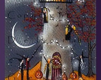 Definitely Needs Some Work, a tiny Lighthouse Witches Decorate For Halloween PRINT by Deborah Gregg