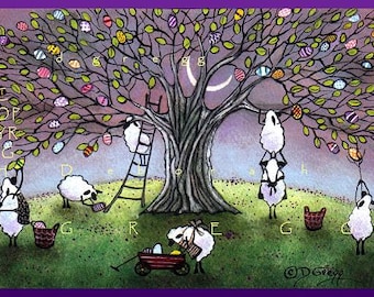 Early Morning Easter Egg Harvest, a Small Sheep Easter Egg Tree Moon PRINT by Deborah Gregg