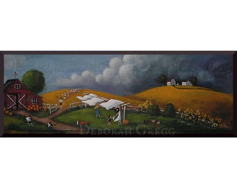 Storm Coming! A small Autumn Laundry Line Sheep Barn Print by Deborah Gregg