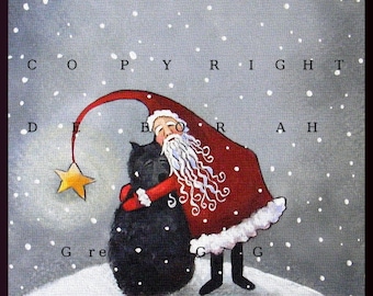 A Hug From Santa, a Small Bouvier Santa Christmas Snow PRINT by Deborah Gregg