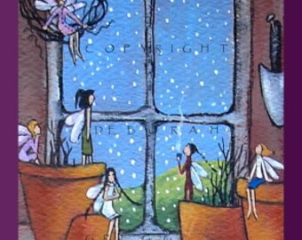 In The Warmth of the Garden Shed, an aceo Fairy Snow PRINT By Deborah Gregg