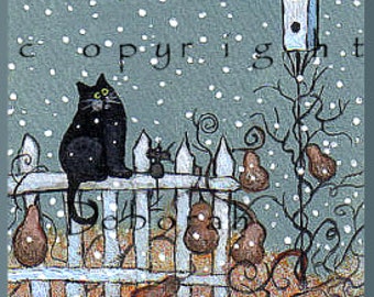 Snowflake Watching, a small Cat Garden Snow Birdhouse PRINT by Deborah Gregg