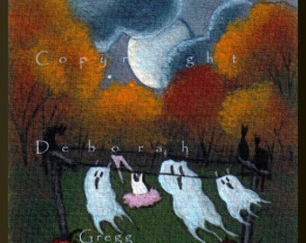 Ghosts On The Line, a tiny Halloween Ghost Moon aceo sized Print By Deborah Gregg