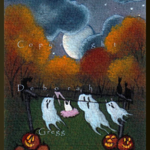 Ghosts On The Line, a tiny Halloween Ghost Moon aceo sized Print By Deborah Gregg