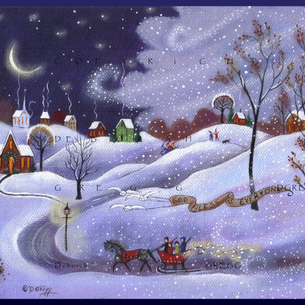 In The Lane Snow Is Glistening, a Winter Lights Family Snow Squall Sledding Horse and Sleigh PRINT by Deborah Gregg