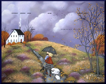 Babies In The Autumn Rain, A Small Sheep Fall Leaves Saltbox Mother Folk Art PRINT by Deborah Gregg
