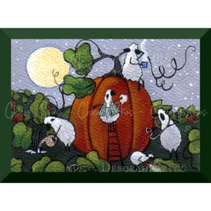 May include: A whimsical painting of white sheep decorating a large orange pumpkin with a ladder. The scene is set against a backdrop of a night sky with a full moon and falling snow. The painting is titled "Deborah Rugg"
