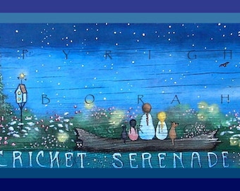 A Cricket Serenade, a small Summer Night Garden Family Fireflies PRINT by Deborah Gregg