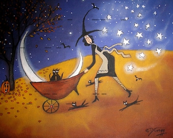 Cute Witch and Moon Halloween Folk Art, a Small Cottage Core Black Cat Moon Stars Cozy Autumn PRINT, Oh No She Di'nt by Deborah Gregg