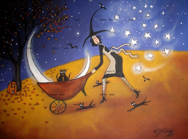 Oh No She Di'nt, a small Folk Art Witch Halloween Black Cat Moon Stars Autumn PRINT by Deborah Gregg image 1