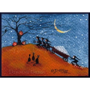 Lost In Transport, Halloween Dekor, Marshmallows, schwarze Katzen, rustikaler Herbst Bauernhaus DRUCK Süßer Original ACEO Kunstdruck von Deborah Gregg