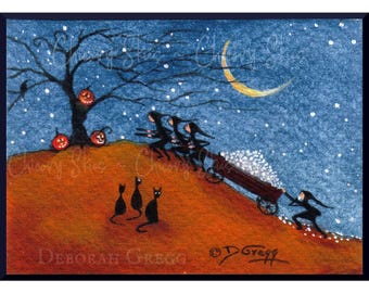 Lost In Transit, a Halloween Decor, Marshmallows, Black Cats, Rustic Fall Farmhouse PRINT Cute Original ACEO Art PRINT by Deborah Gregg