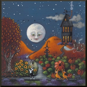 The Pumpkin Heist, a small Pumpkin Witch Cats Print by Deborah Gregg