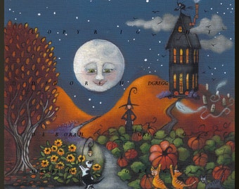 The Pumpkin Heist, a small Pumpkin Witch Cats Print by Deborah Gregg