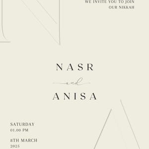 May include: A wedding invitation with a white background and black text. The invitation reads "We invite you to join our Nikkah" and includes the names "Nasr and Anisa". The date and time of the wedding are listed as "Saturday, 01.00 PM, 8th March 2025". The location is listed as "255 Blossom Venue, Alexandria, NY".