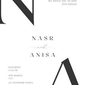 Puede incluir: Una invitaci&oacute;n de boda con un dise&ntilde;o en blanco y negro. La invitaci&oacute;n presenta los nombres "NASR y ANISA" y la fecha "S&Aacute;BADO 01.00 PM 8 DE MARZO DE 2025". La invitaci&oacute;n tambi&eacute;n incluye la direcci&oacute;n "255 BLOSSOM VENUE, ALEXANDRIA, NY" y el texto "RECEPTION TO FOLLOW".