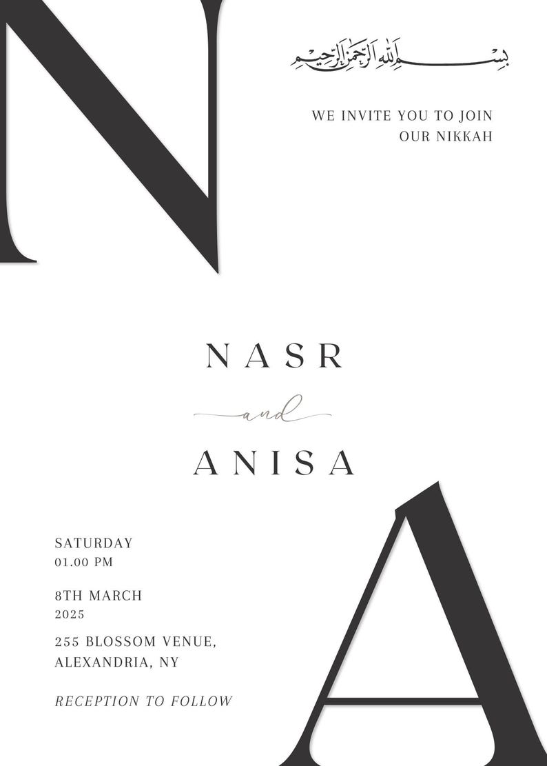 Puede incluir: Una invitaci&oacute;n de boda con un dise&ntilde;o en blanco y negro. La invitaci&oacute;n presenta los nombres "NASR y ANISA" y la fecha "S&Aacute;BADO 01.00 PM 8 DE MARZO DE 2025". La invitaci&oacute;n tambi&eacute;n incluye la direcci&oacute;n "255 BLOSSOM VENUE, ALEXANDRIA, NY" y el texto "RECEPTION TO FOLLOW".