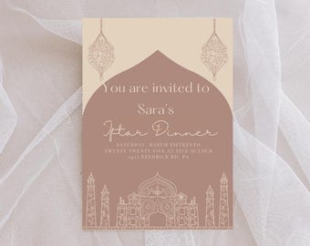 May include: A beige and brown invitation card with an ornate design. The card reads "You are invited to Sara's Iftar Dinner" with the date and time of the event. The card features a decorative archway and a mosque.