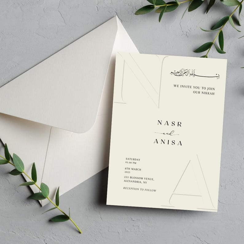 May include: A white wedding invitation with a geometric design featuring the names "NASR and ANISA" in black text. The invitation includes the date, time, and location of the wedding ceremony. The text "WE INVITE YOU TO JOIN OUR NIKKAH" is also included.