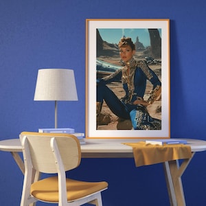 Large Retro-Futuristic Vintage Blue Fashion Digital Wall Art Home Decor Space-Age Aesthetic Prints