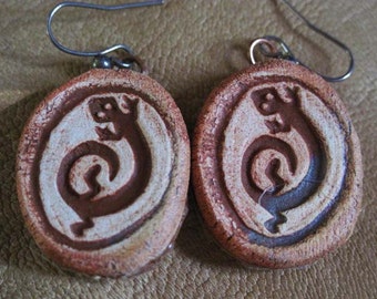 Desert Lizard Rock Art  leather and Ceramic Folk Earrings