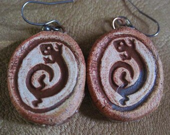 Desert Lizard Rock Art  leather and Ceramic Folk Earrings
