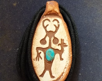 Man with Goat Hand Petroglyph Design Shaman with Turquoise Gemstone