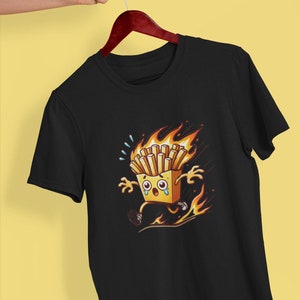Koszulka z krótkim rękawem French Fries Cartoon Flame Unisex - Foodie Fast Snack Potato Grill Chip Shirt, Hot Fire Comic Illustration
