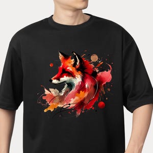 Camiseta unisex con ilustración de zorro, diseño de acuarela, linda camiseta de dibujos animados, divertida camiseta de vida silvestre, top rojo colorido de naturaleza, expresión
