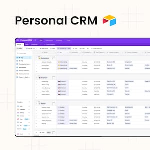 Op de afbeelding: Schermafbeelding van een "Personal CRM" software-interface. Het scherm toont gegevenstabellen met kolommen voor netwerk-, werkgever- en hobby-informatie. De interface heeft een paarse koptekst en een zijbalk met navigatie-opties. De tekst "Personal CRM" staat bovenaan.