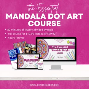 Peut inclure: Une publicité pour un cours numérique intitulée The Essential Mandala Dot Art Course sur fond rose vif. Elle présente un écran d'ordinateur, un ordinateur portable et un smartphone affichant l'interface du cours, avec des exemples d'art mandala.